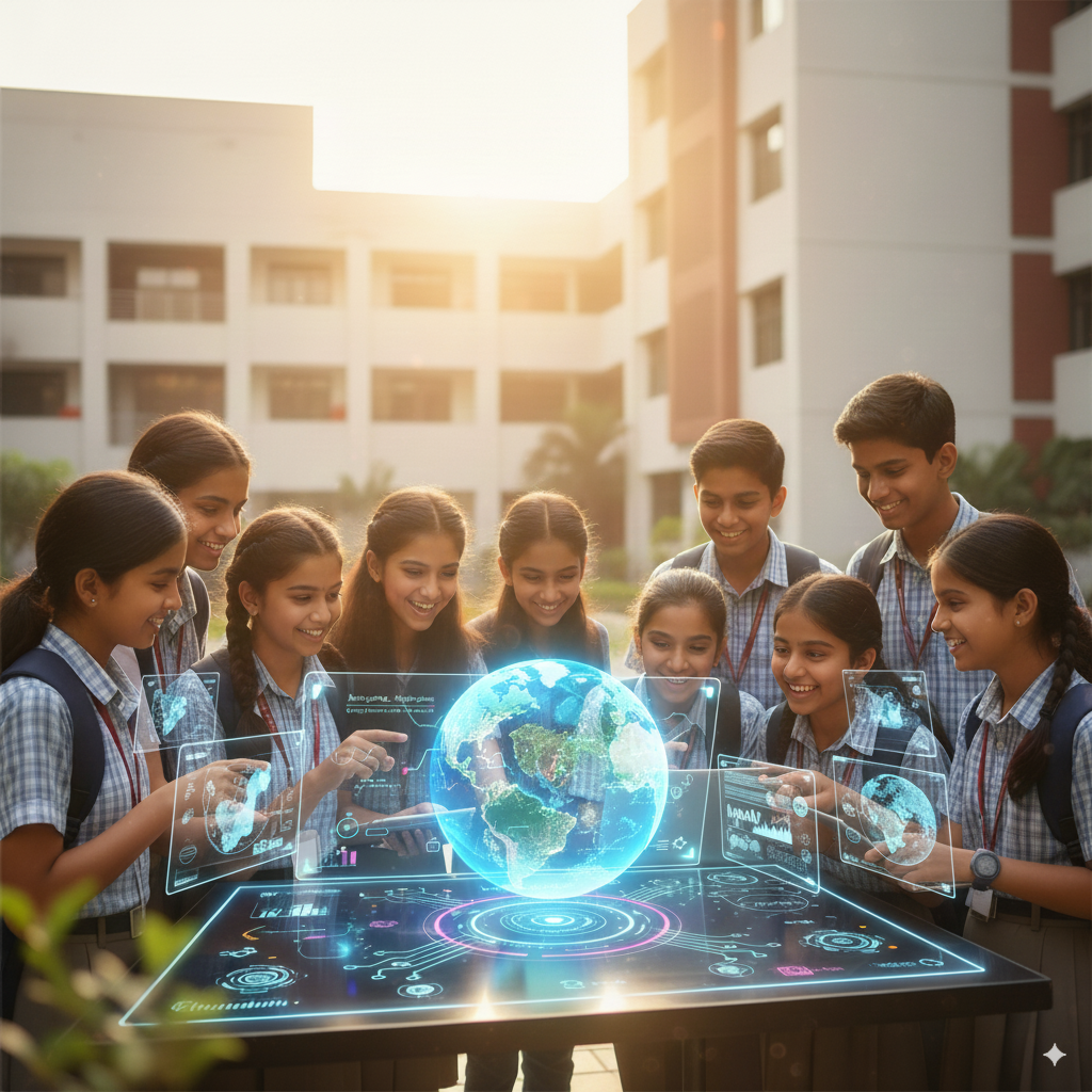 Students learning with advanced technology and holographic displays